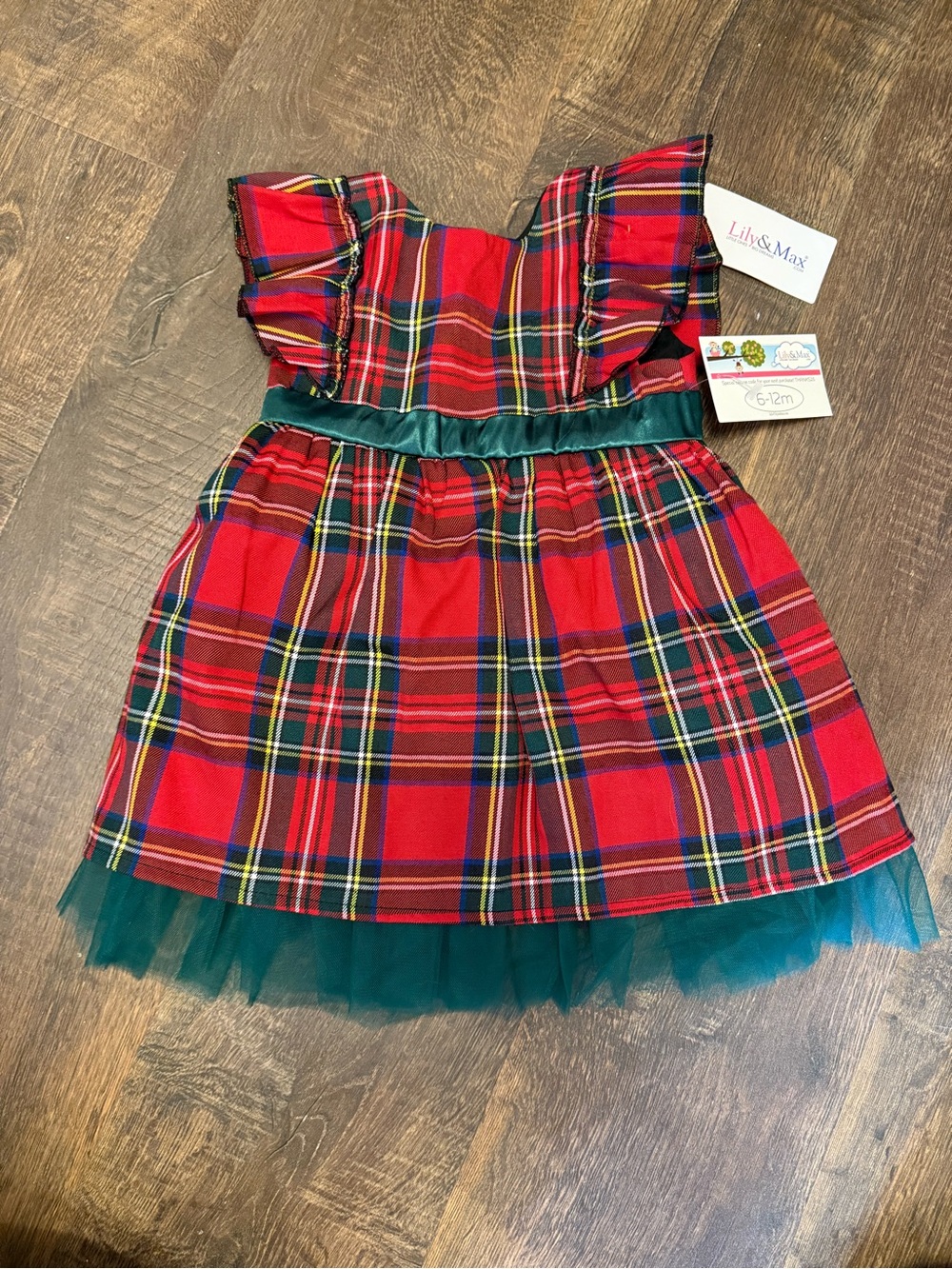 Red Plaid Girls' Holiday Dress with Green Trim 6-12 Month